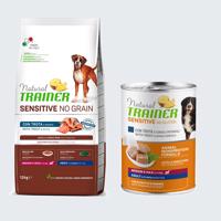 12kg Natural Trainer Sensitive No Grain Adult Medium/Maxi pisztráng & burgonya száraz kutyatáp+400g Natural Trainer Sensitive No Gluten Adult pisztráng & teljes kiőrlésű gabona nedves kutyatáp ingyen