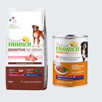 12kg Natural Trainer Sensitive No Grain Adult Medium/Maxi sertés & burgonya száraz kutyatáp+400g Natural Trainer Sensitive No Gluten Adult sertés & teljes kiőrlésű gabona nedves kutyatáp ingyen