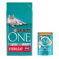 9,75kg PURINA ONE Sterilcat marha száraz macskatáp+13x85g Adult csirke & zöldbab ingyen